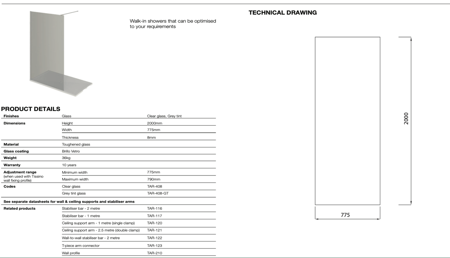 Armano Grey Glass Panel with Wall Profile and Stabilising Bar