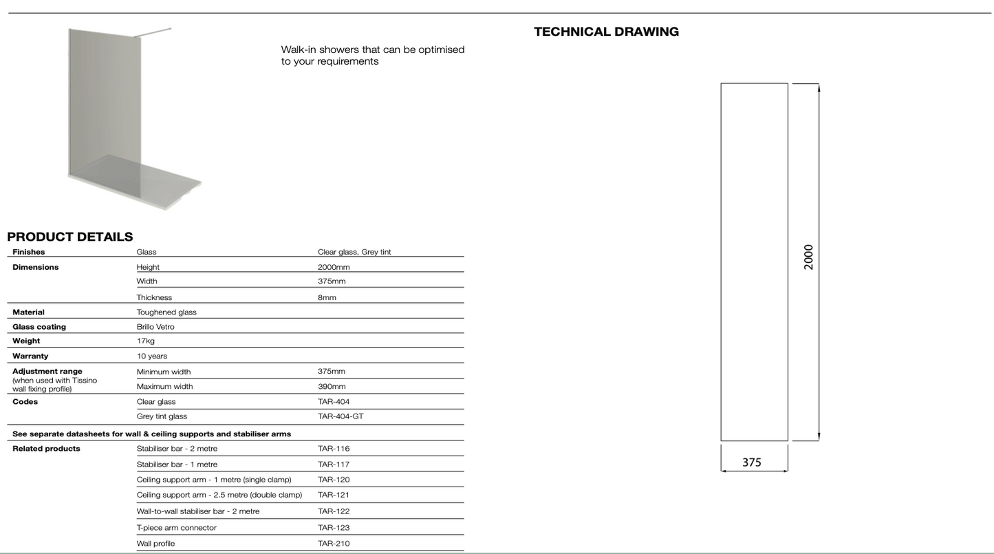 Armano Grey Glass Panel with Wall Profile and Stabilising Bar