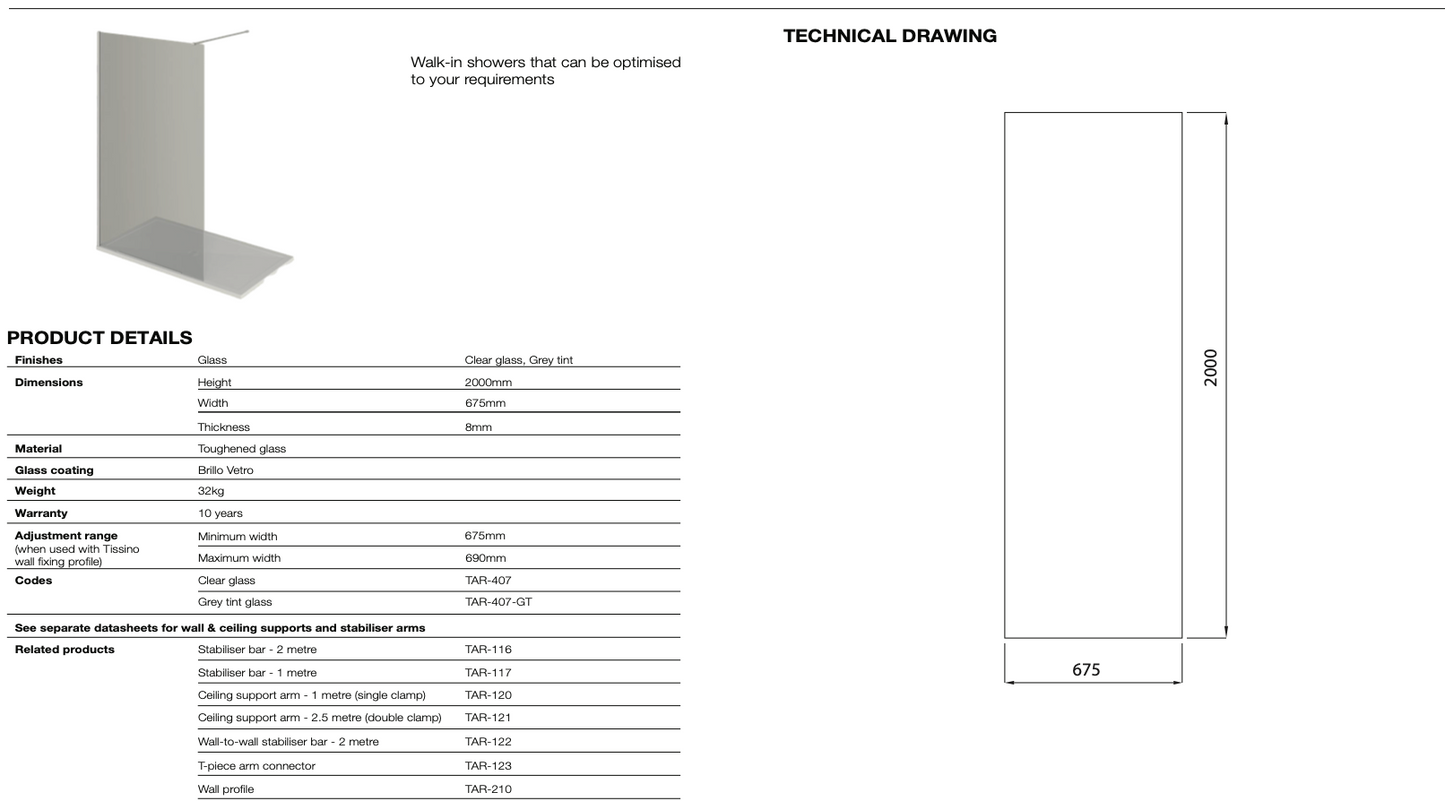 Armano Grey Glass Panel with Wall Profile and Stabilising Bar
