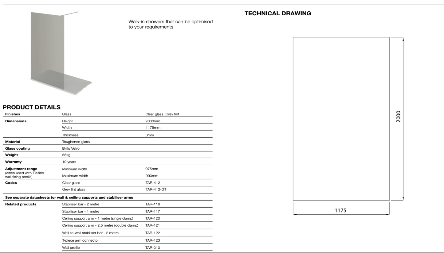 Armano Grey Glass Panel with Wall Profile and Stabilising Bar