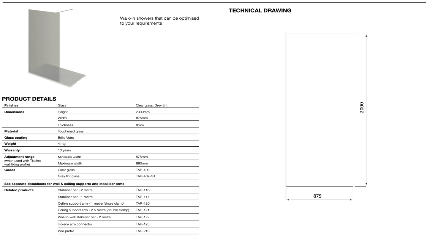 Armano Grey Glass Panel with Wall Profile and Stabilising Bar